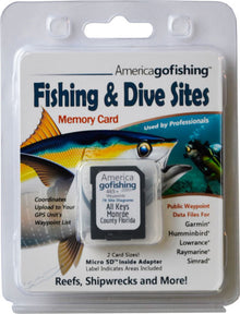 America Gofishing Fishing & Dive Sites Memory Card packaging with fish illustration
