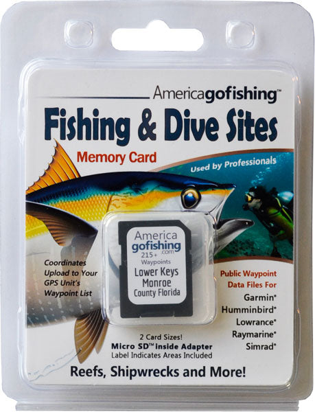 America Gofishing Fishing & Dive Sites Memory Card packaging with fish illustration