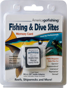 America Gofishing Fishing & Dive Sites Memory Card packaging with fish illustration