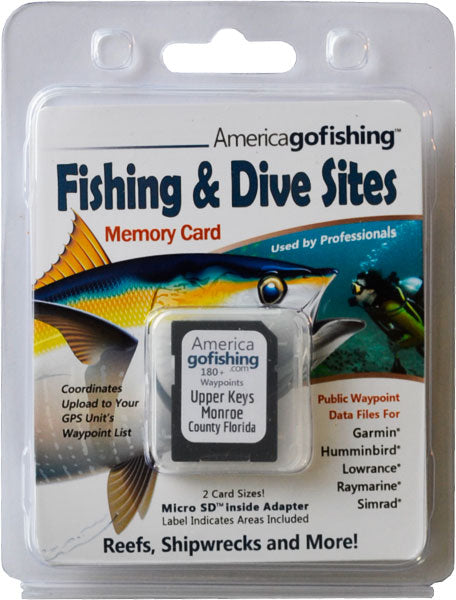America Gofishing Fishing & Dive Sites Memory Card packaging with fish illustration