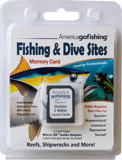 America Gofishing Fishing & Dive Sites Memory Card packaging with fish illustration