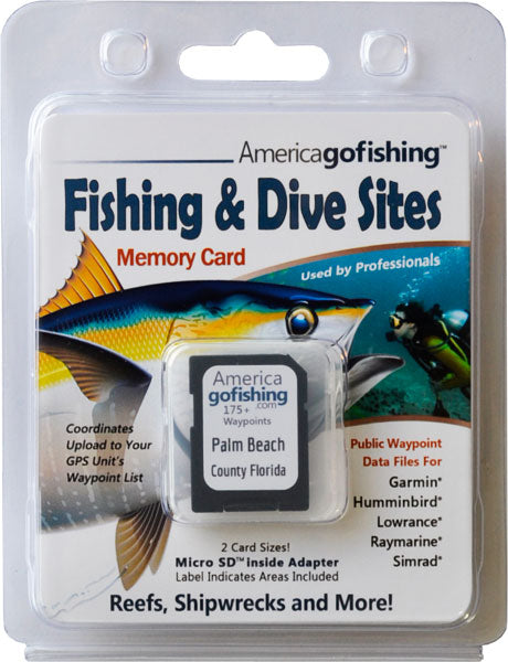 America Go Fishing memory card packaging with fish illustration and product details.