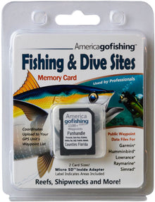 America Gofishing Fishing & Dive Sites Memory Card packaging with fish illustration