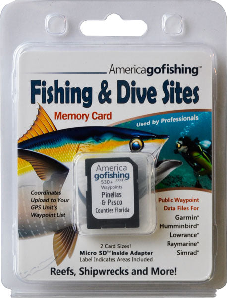 America Gofishing Fishing & Dive Sites Memory Card packaging with a fish illustration on a white background.