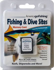 America Gofishing Fishing & Dive Sites Memory Card packaging with a fish illustration on a white background.