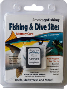 America Gofishing Fishing & Dive Sites Memory Card packaging with fish illustration and text.