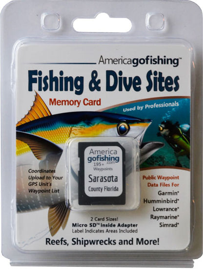 America Gofishing Fishing & Dive Sites Memory Card packaging with fish illustration and text.