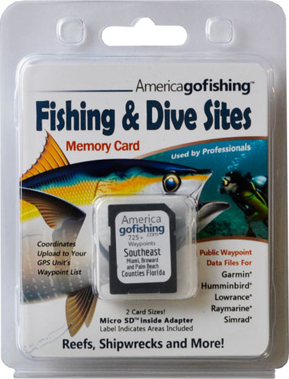 AmericaGofishing Fishing & Dive Sites Memory Card packaging with fish illustration