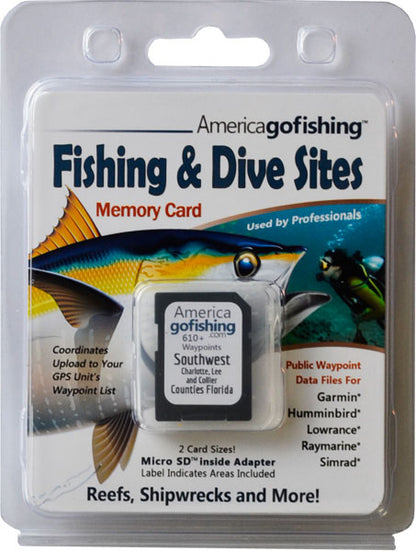 America Gofishing Fishing & Dive Sites Memory Card packaging with fish illustration