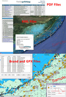 Collage of screenshots from a software interface related to Florida fishing, showing PDF, KML, brand, and GPX files.