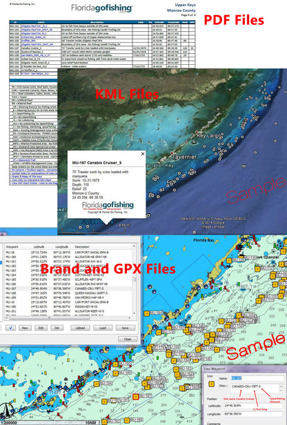 Collage of screenshots from a software interface related to Florida fishing, showing PDF, KML, brand, and GPX files.