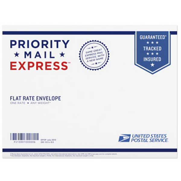 Priority Mail Express flat rate envelope from the United States Postal Service on a white background