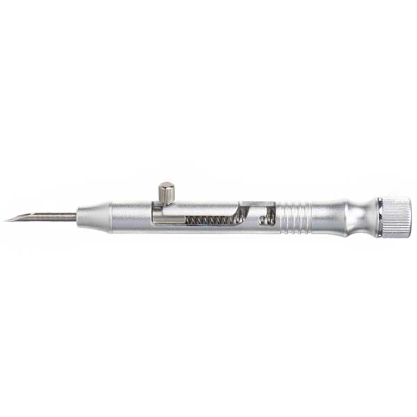 venting tool side view showing spring retractable needle with a white background
