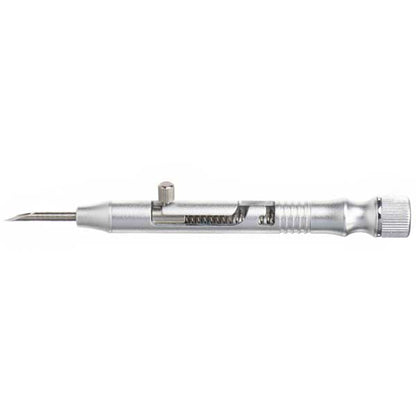 venting tool side view showing spring retractable needle with a white background
