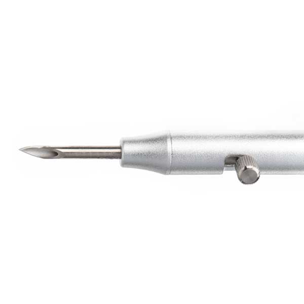 Metallic pen-like venting tool with a needle-like tip on a white background