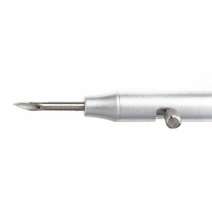 Metallic pen-like venting tool with a needle-like tip on a white background