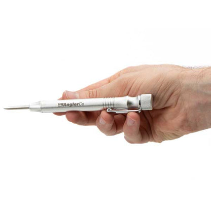Hand holding a small tool with 'AnglerCo' branding on a white background