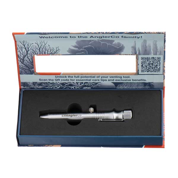 AnglerCo venting tool in packaging with QR code and text on a white background