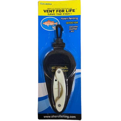Product packaging for a fishing venting device with a blue and yellow design.