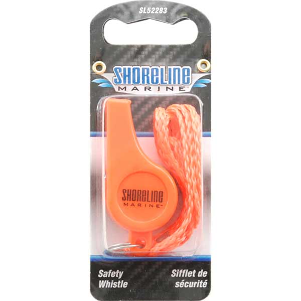 Orange safety whistle in Shoreline Marine packaging on a white background