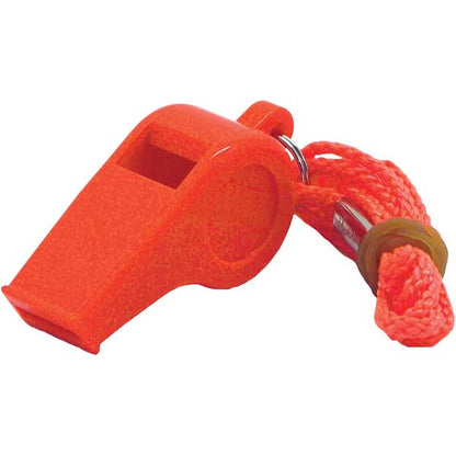Orange whistle with a rope on a white background